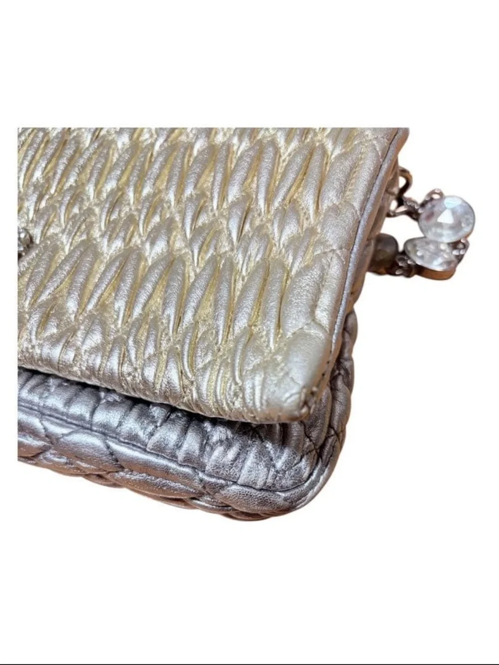 Miu Miu Shimmery Silver Quilted Evening Clutch with Jeweled Strap